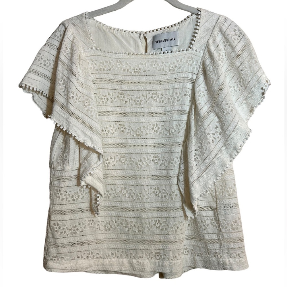 Sabina Musayev Libi Top Ivory Short Flutter Sleeve Lace Pompom Accent Size Small